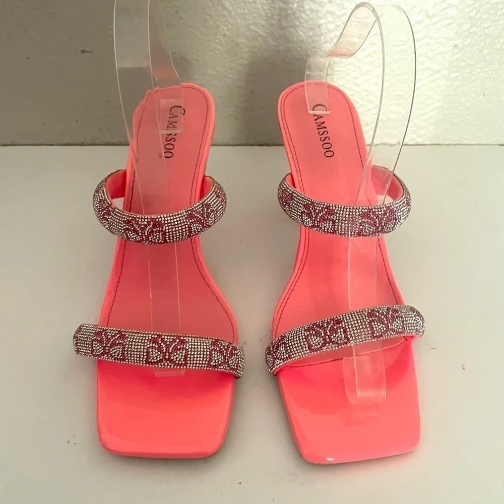 CAMSSOO Women's Double Rhinestones strap Heels Sandals Rose Red size 42